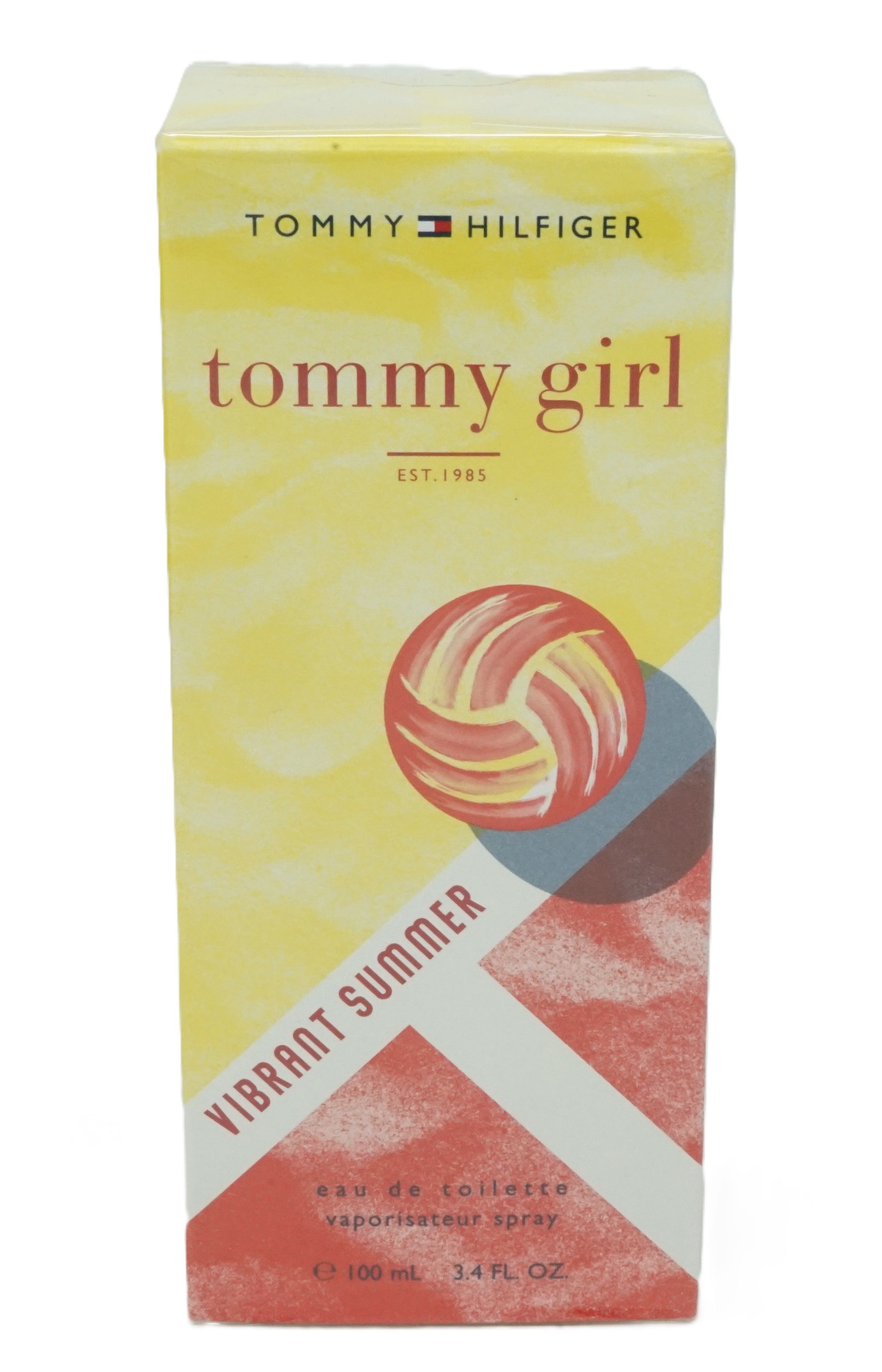 Verpackung von Tommy Hilfiger Tommy Girl Vibrant Summer Eau de Toilette Spray. Gelb, rot und weiß. Mit Logo und Produktnamen.