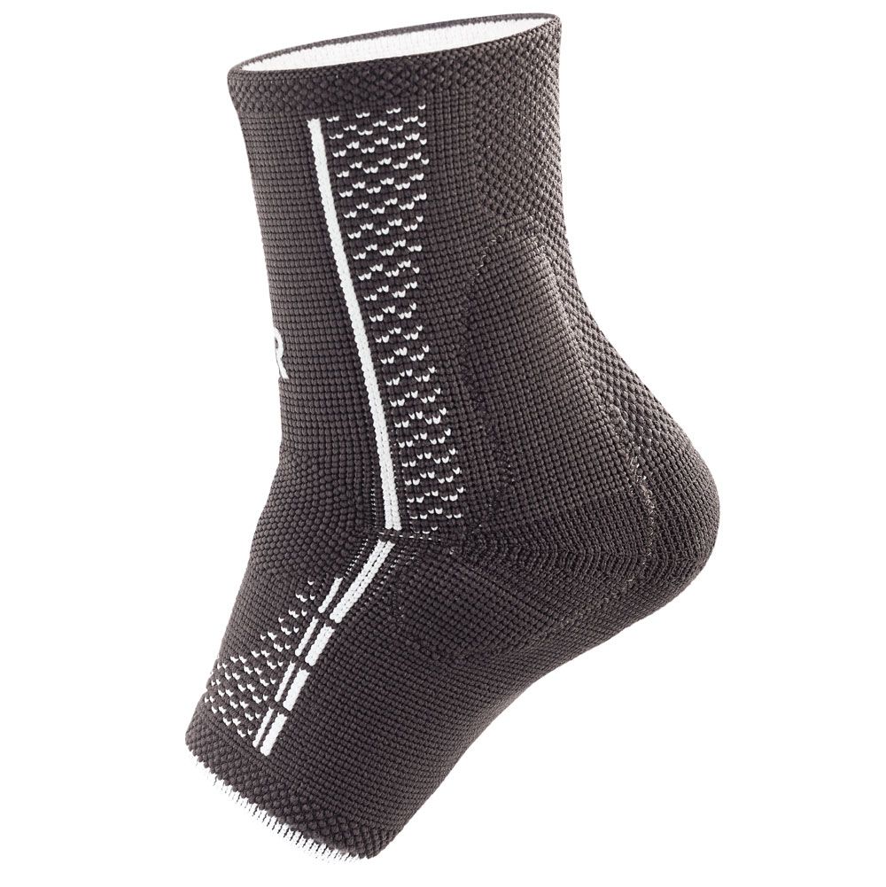 Knöchelbandage L&R Cellacare® Malleo Comfort. Dunkelgrau mit weißen Details. L&R Logo sichtbar. Nahaufnahme.