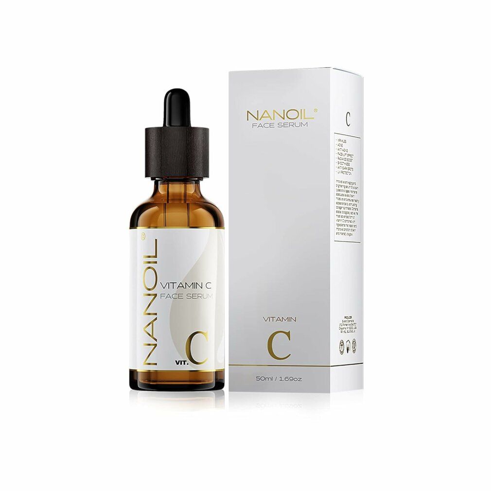 Braune Glasflasche mit Pipette und weißer Verpackung. Aufschrift: Nanoil Vitamin C Face Serum.