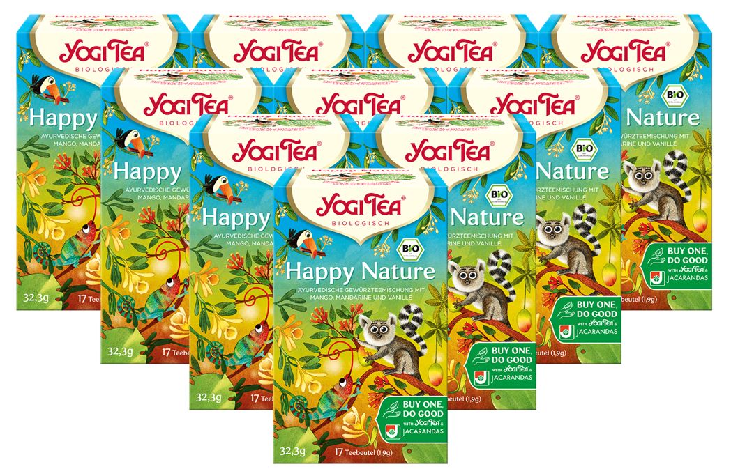 Mehrere Packungen Yogi Tea Happy Nature Bio-Gewürztee. Aufdrucke: Happy Nature, Bio-Siegel, 17 Teebeutel, Illustrationen.