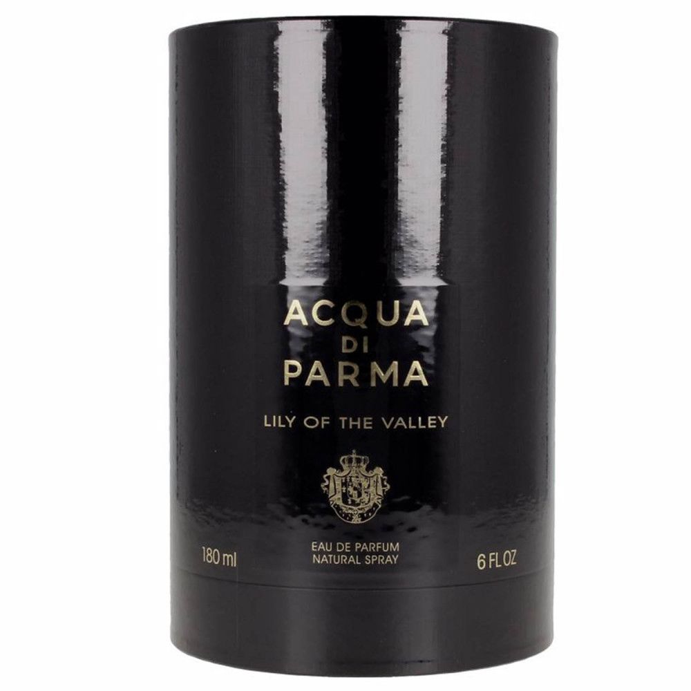 Schwarze zylindrische Verpackung mit goldfarbenem Text: Acqua Di Parma, Lily of the Valley. Unten: 180 ml, 6 FL OZ.
