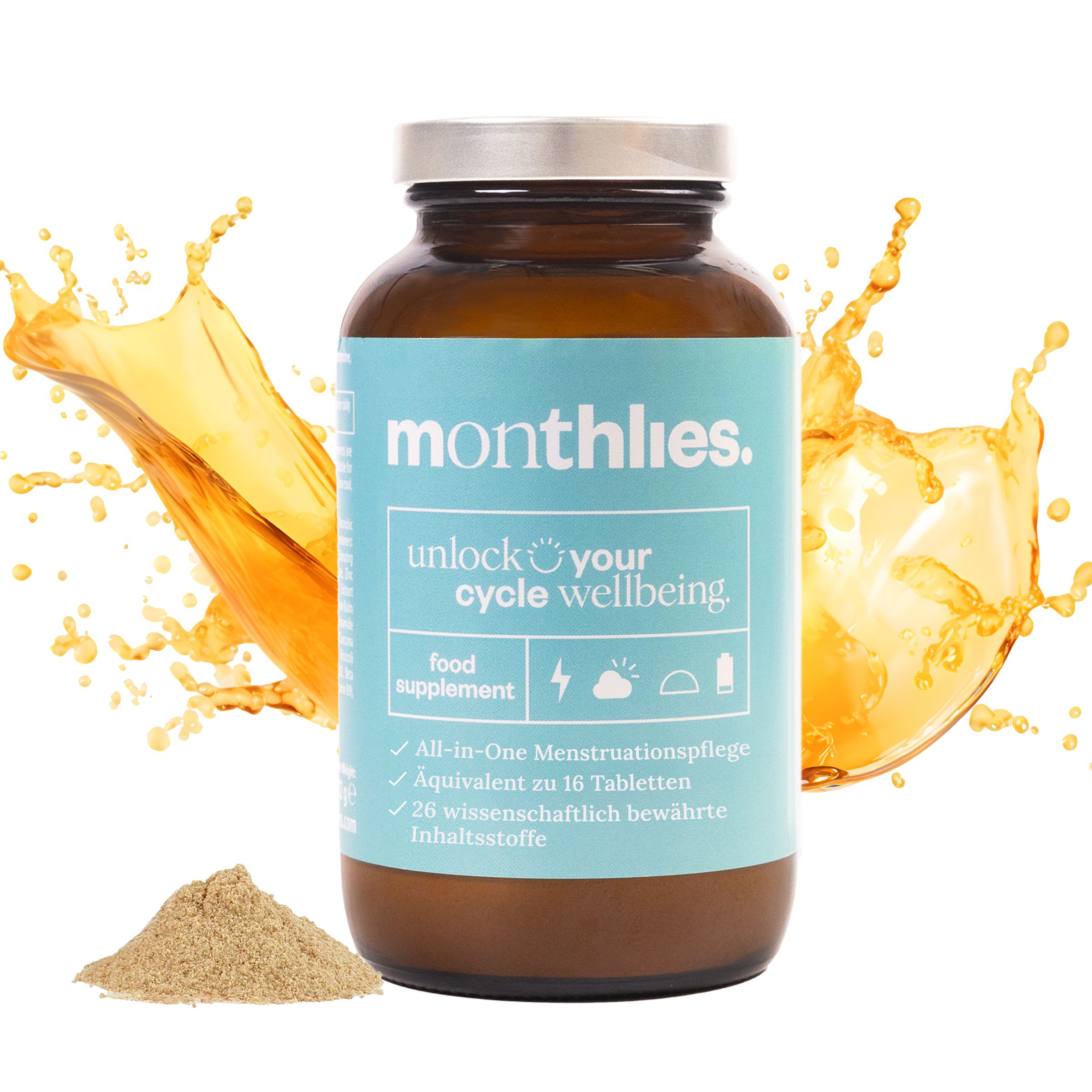 Braune Glasflasche mit blauem Etikett. Aufschrift: monthlies. unlock your cycle wellbeing. Nahrungsergänzungsmittel.
