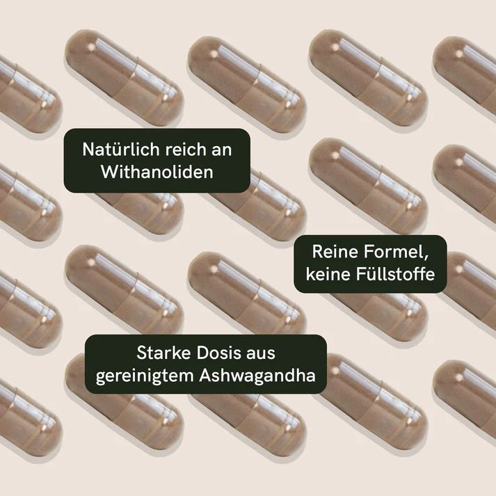 Reihe von braunen Kapseln mit Textfeldern. Text: "Natürlich reich an Withanoliden", "Reine Formel, keine Füllstoffe", "Starke Dosis aus gereinigtem Ashwagandha".