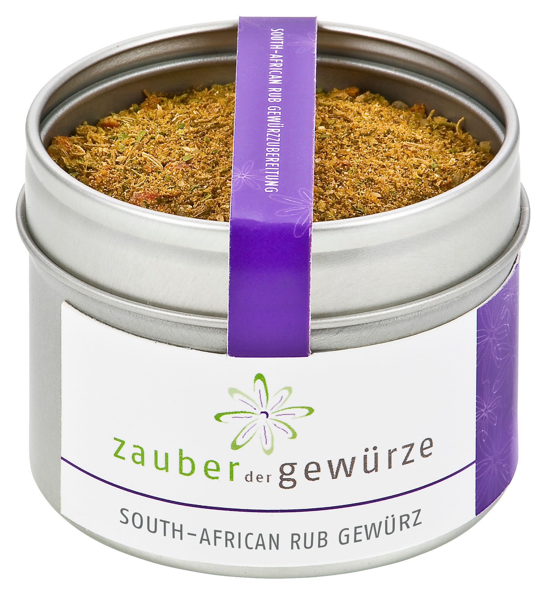 Gewürzdose mit Aufschrift 'Zauber der Gewürze South African Rub'. Dose mit Gewürzmischung, lila Band.