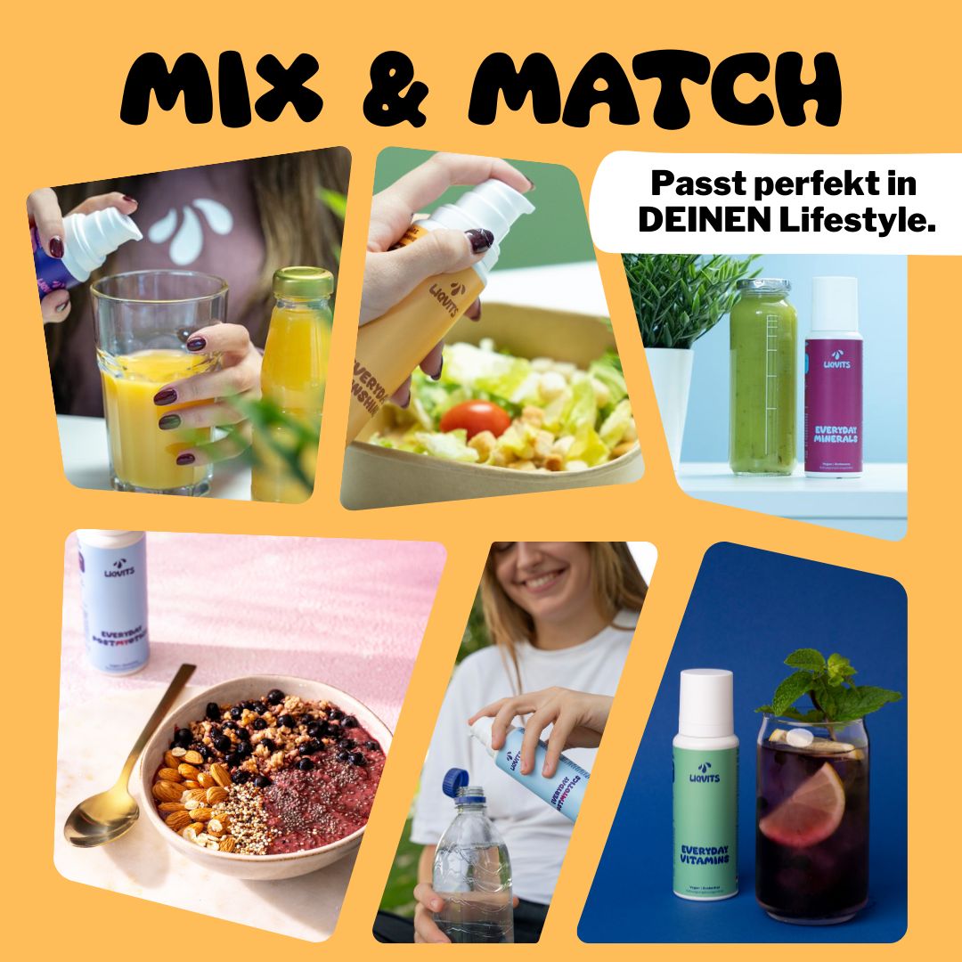 Collage mit verschiedenen Getränken und Speisen. Flasche mit Aufschrift: Everyday Sunshine.