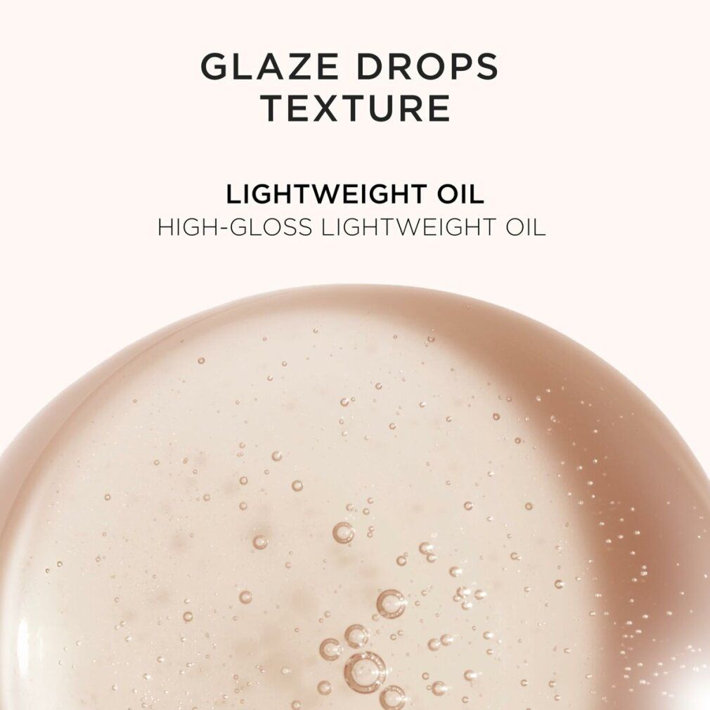Nahaufnahme von Öl. Text: Glaze Drops Texture, Lightweight Oil, High-Gloss Lightweight Oil. Blasen im Öl.