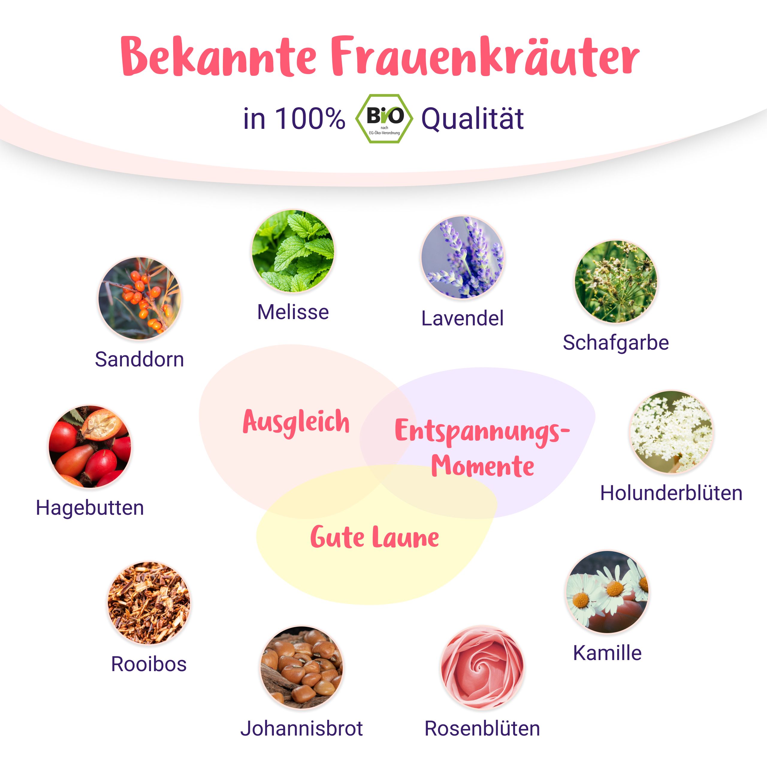 Bekannte Frauenkräuter in BIO Qualität für Schwangere, mit Namen und Bildern.