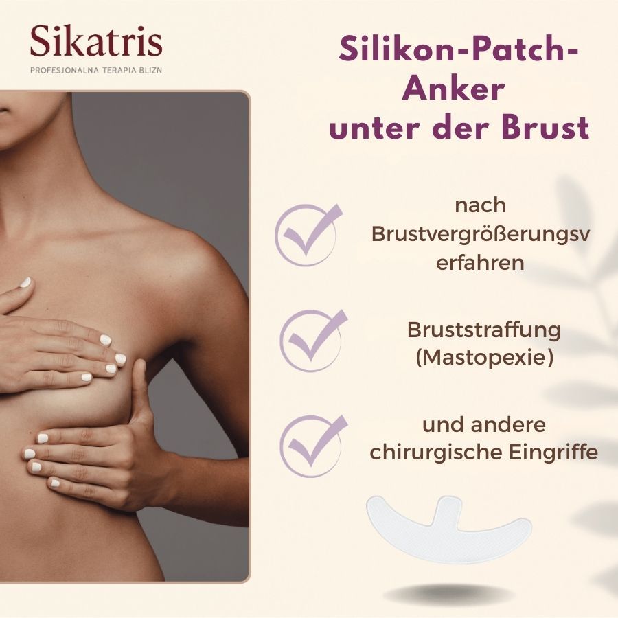 Grafik: Frau mit Händen auf der Brust. Text: Silikon-Patch-Anker unter der Brust. Indikationen: Brustvergrößerung, Bruststraffung, andere Eingriffe.
