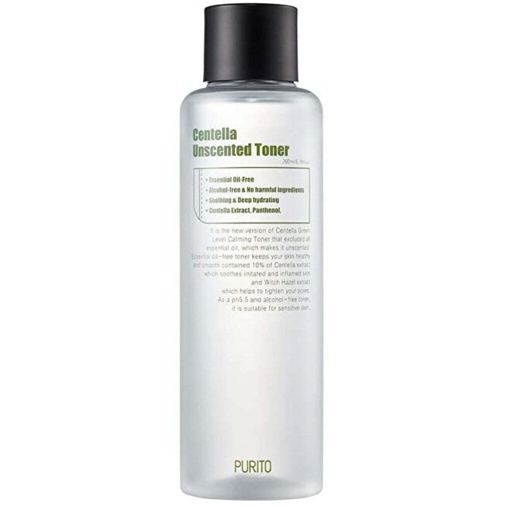 Purito Centella Unscented Toner Flasche, weiß mit schwarzem Deckel, mit Produktinformationen.