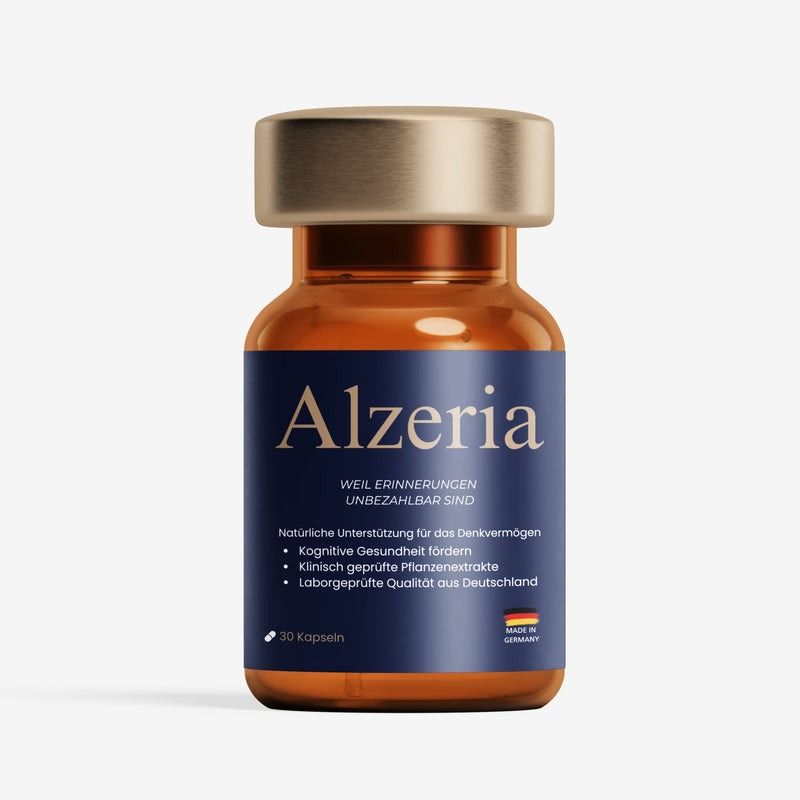 Alzeria-Flasche. Text: Natürliche Unterstützung für das Denkvermögen. 30 Kapseln. Hergestellt in Deutschland.