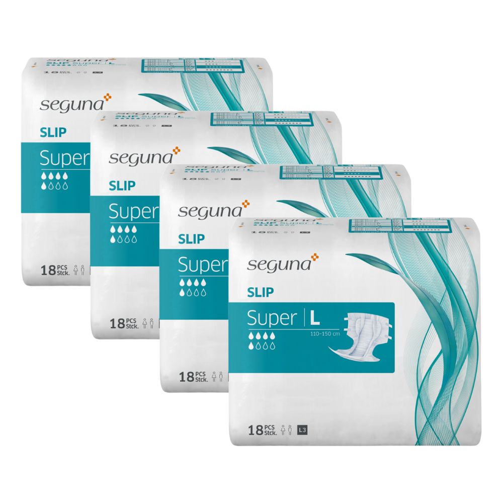 Vier Packungen SEGUNA Slip Super. Jede Packung enthält 18 Stück. Aufdrucke: SLIP, Super, L.