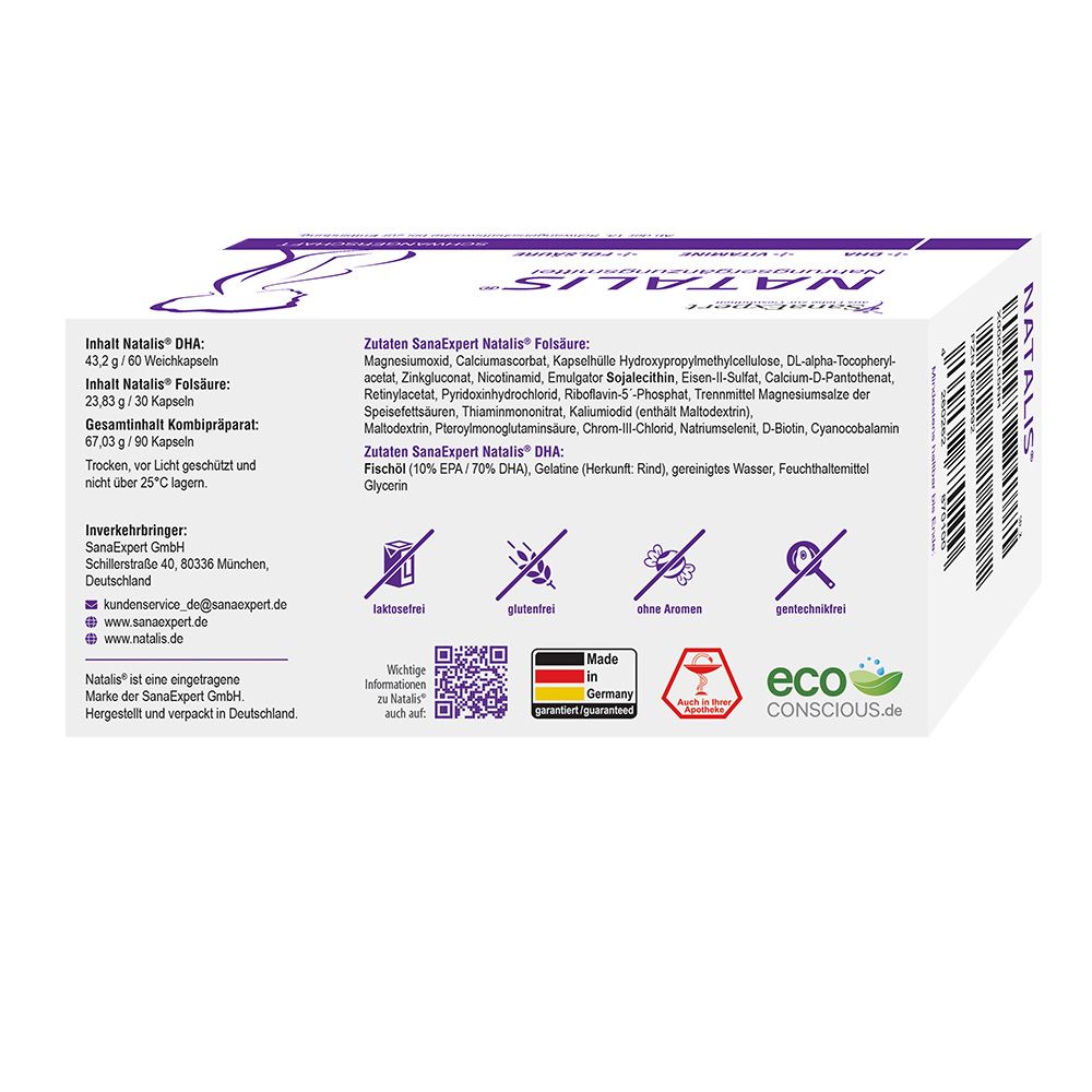 Rückseite der SanaExpert NATALIS Verpackung. Inhaltsstoffe, Herstellerinformationen und Logos. Klimaneutral-Logo. Made in Germany.