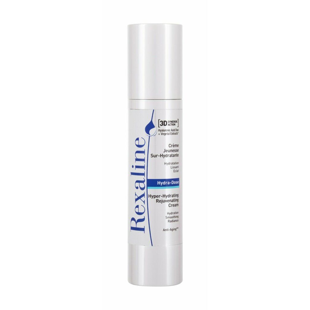 Weiße Rexaline-Flasche. Blaue Schrift: Rexaline, Crème Jeunesse Sur-Hydratante, Hydra-Dose, Hyper-Hydratante Rejuvenating Cream.