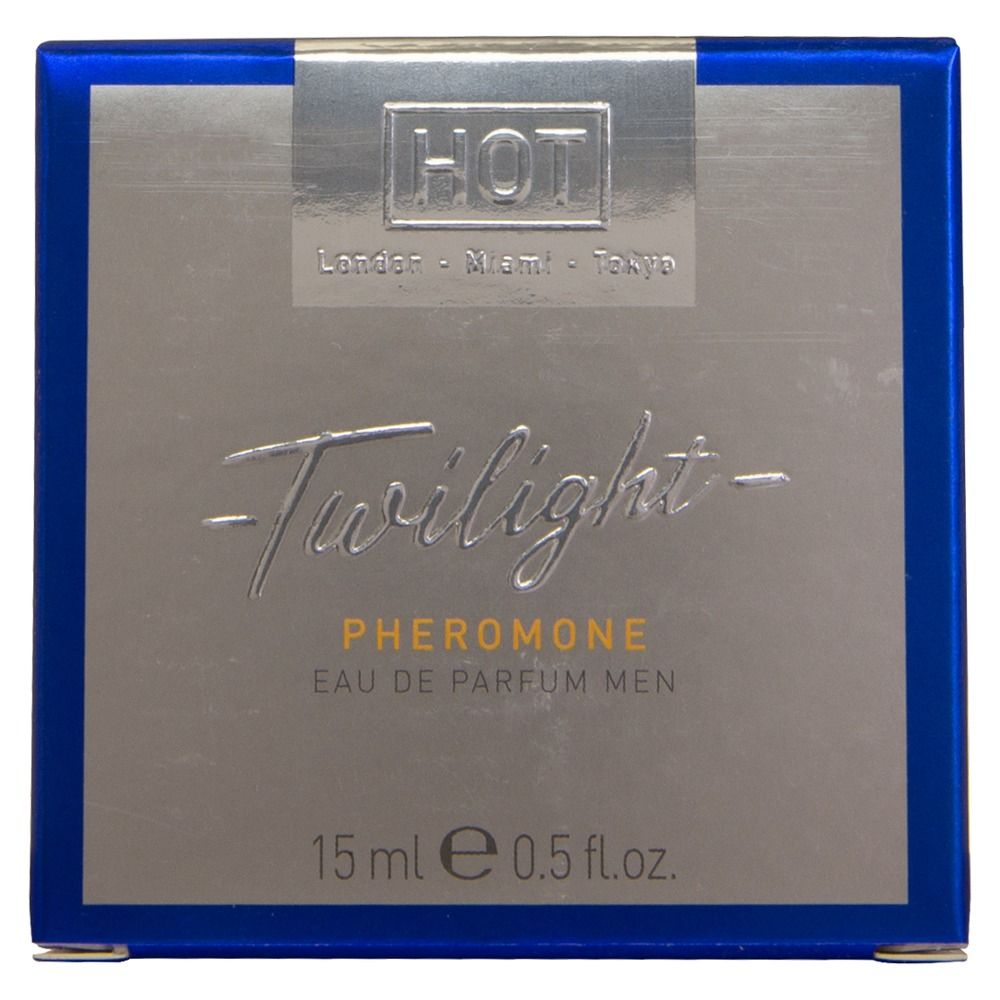 Silberne Verpackung mit blauem Rahmen. Text: Twilight Pheromone Eau de Parfum Men. 15ml. HOT-Logo.
