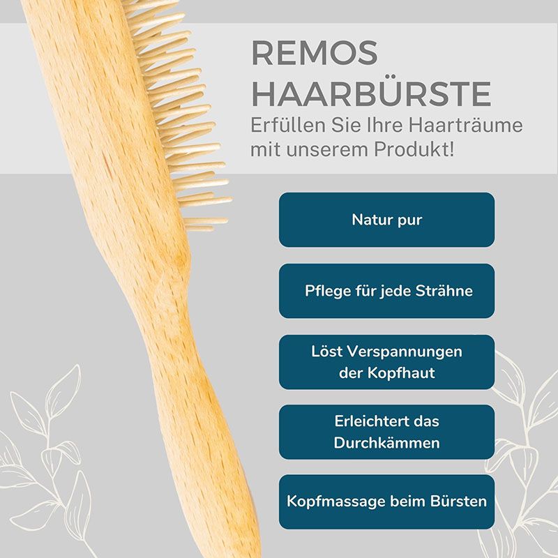REMOs Haarbürste aus Holz mit Holzstiften. Bietet sanfte Pflege und Kopfhautmassage.
