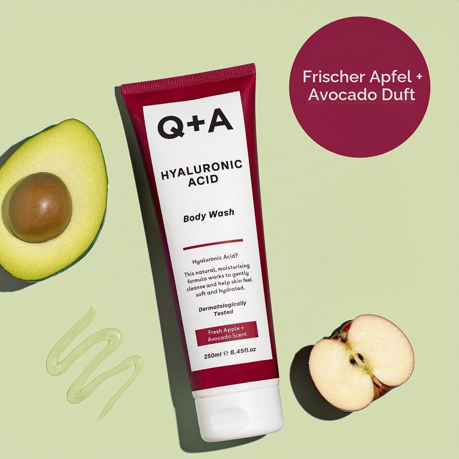 Q+A Hyaluronic Acid Body Wash mit Avocado und Apfel. Spendet Feuchtigkeit und reinigt.