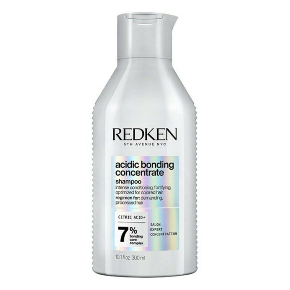 Weiße Shampoo-Flasche. Aufschrift: REDKEN, acidic bonding concentrate shampoo, 7% bonding care complex. 300 ml.