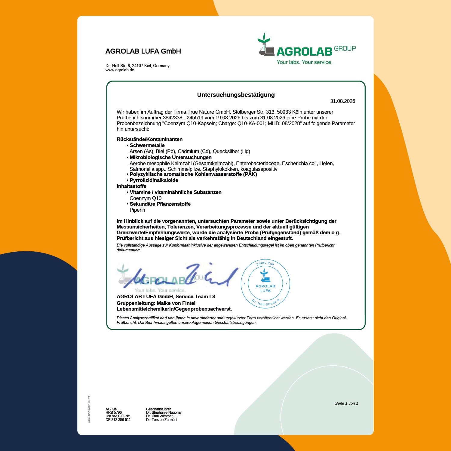 Prüfungsbestätigung von AGROLAB GROUP für True Nature Coenzym Q10 Kapseln, datiert 31.08.2020.