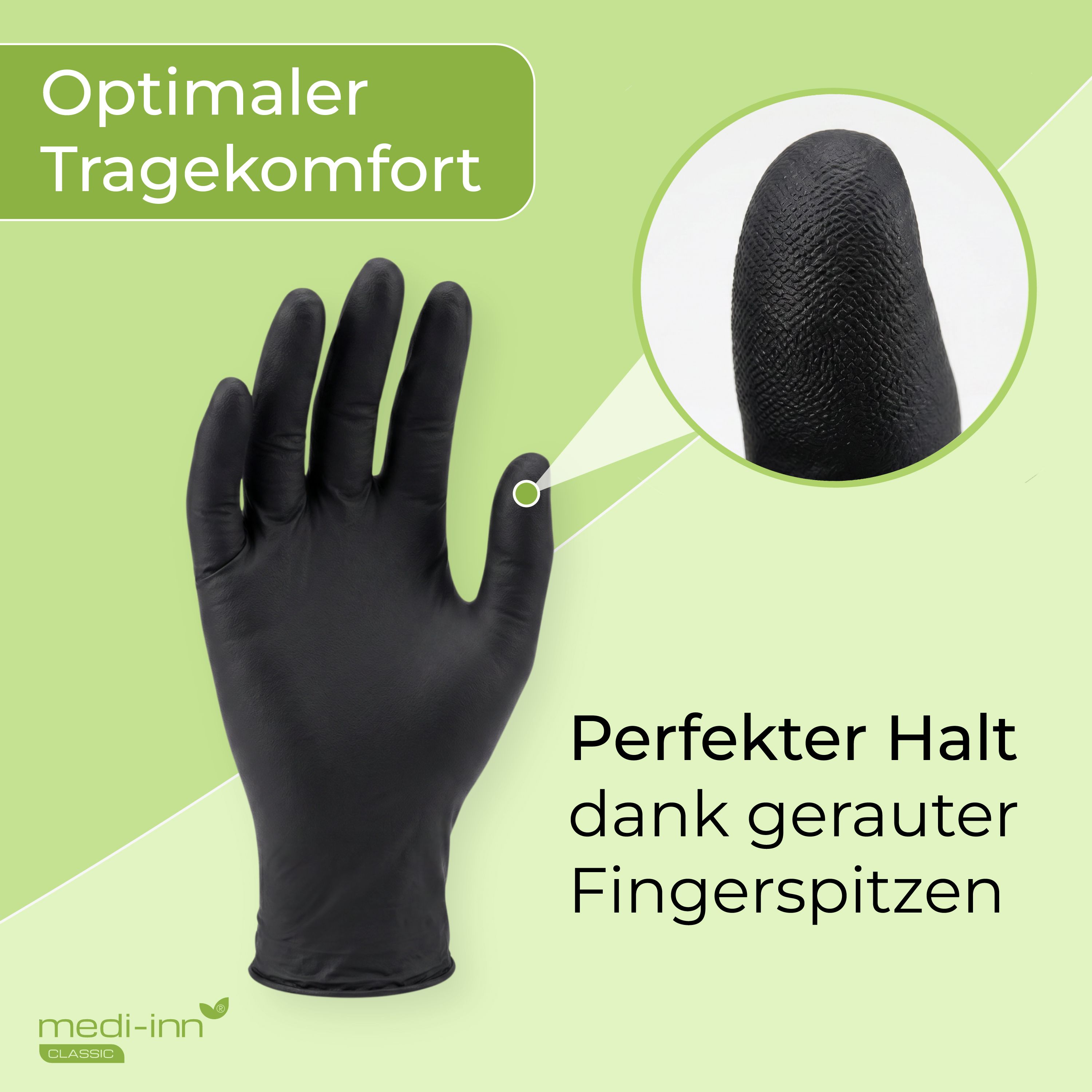 Schwarzer Nitril-Einmalhandschuh mit vergrößerter Darstellung der griffigen Fingerspitzen.