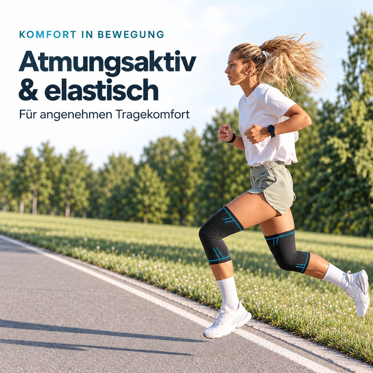 Läuferin mit Kniebandagen in sportlicher Umgebung.