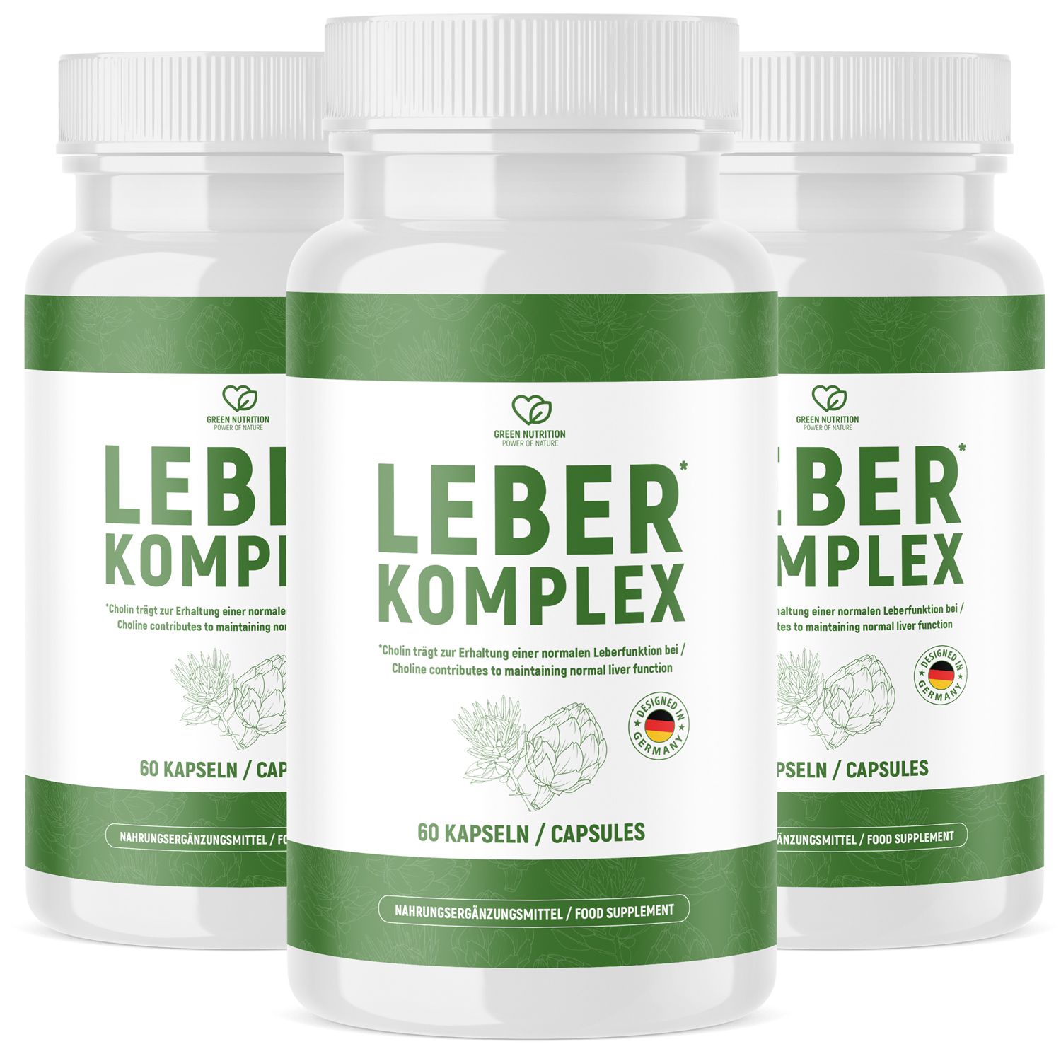 Drei Flaschen Green Nutrition Leber Komplex Kapseln, 60 Kapseln pro Flasche.