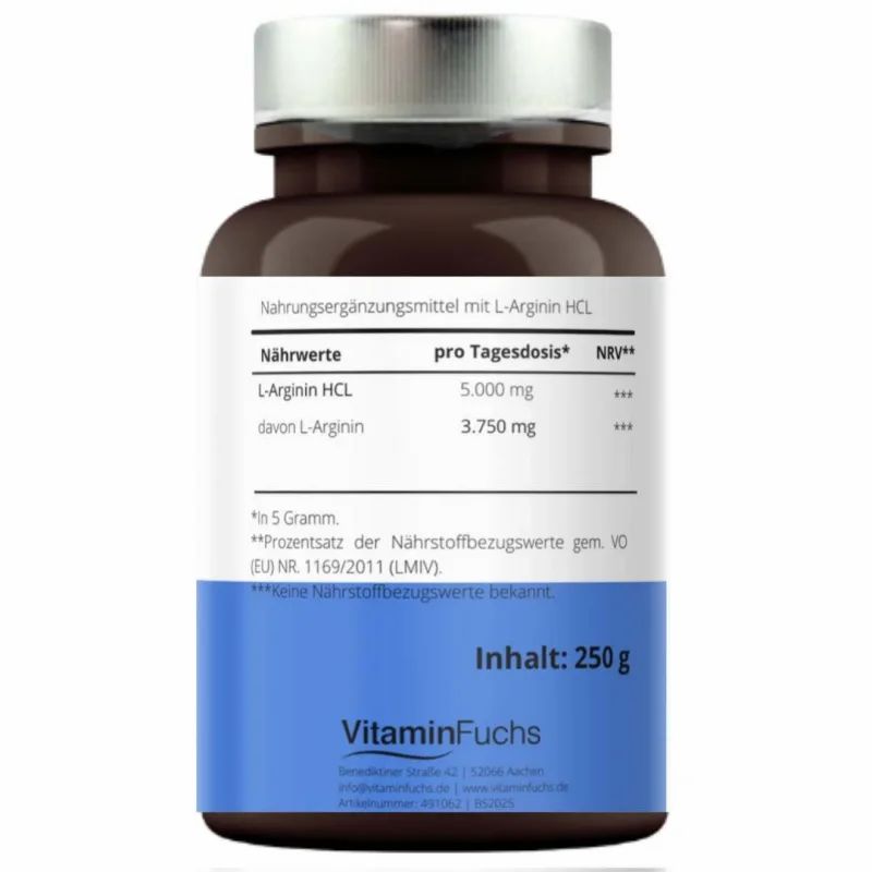 Rückseite der Flasche. Nährwertangaben, L-Arginin HCL, Inhalt 250g. VitaminFuchs Logo. Blaues Etikett.
