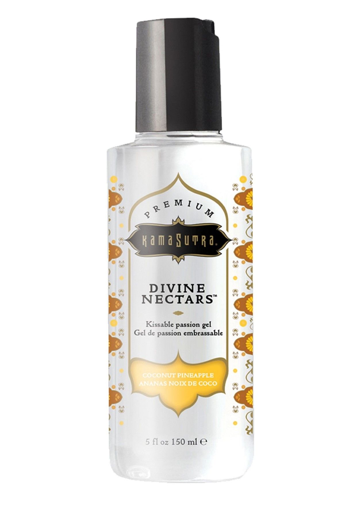 Transparente Flasche mit schwarzem Deckel. Aufschrift: Kama Sutra, Divine Nectars, Kissable passion gel. 5 fl oz 150 ml.