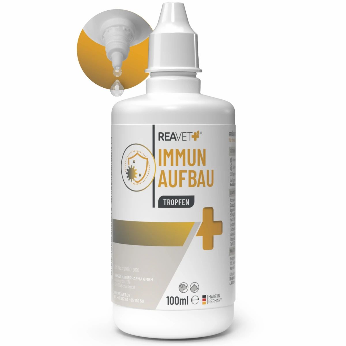 Weiße Tropfflasche mit gelbem Etikett, Aufschrift IMMUN AUFBAU TROPFEN, 100ml.