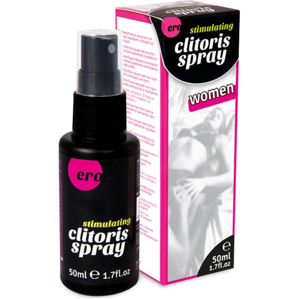 Sprühflasche und Verpackung. Text: stimulating clitoris spray, women, 50ml, 1.7 fl.oz.