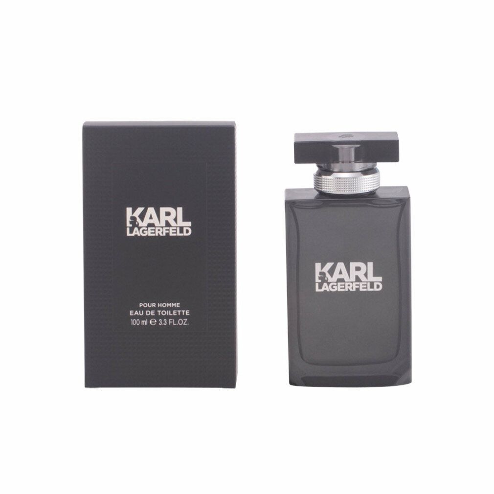 Schwarzer Flakon und Verpackung. Aufschrift KARL LAGERFELD. Eau de Toilette.