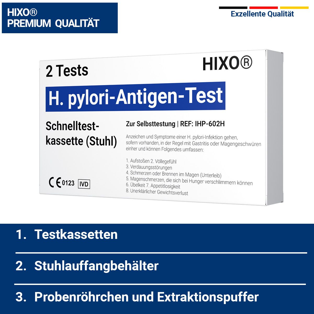 HIXO H. pylori-Antigen-Test. Zwei Testkassetten, zwei Probenröhrchen. Inklusive Stuhlauffangbehälter. CE-Kennzeichnung. IVD-Symbol.
