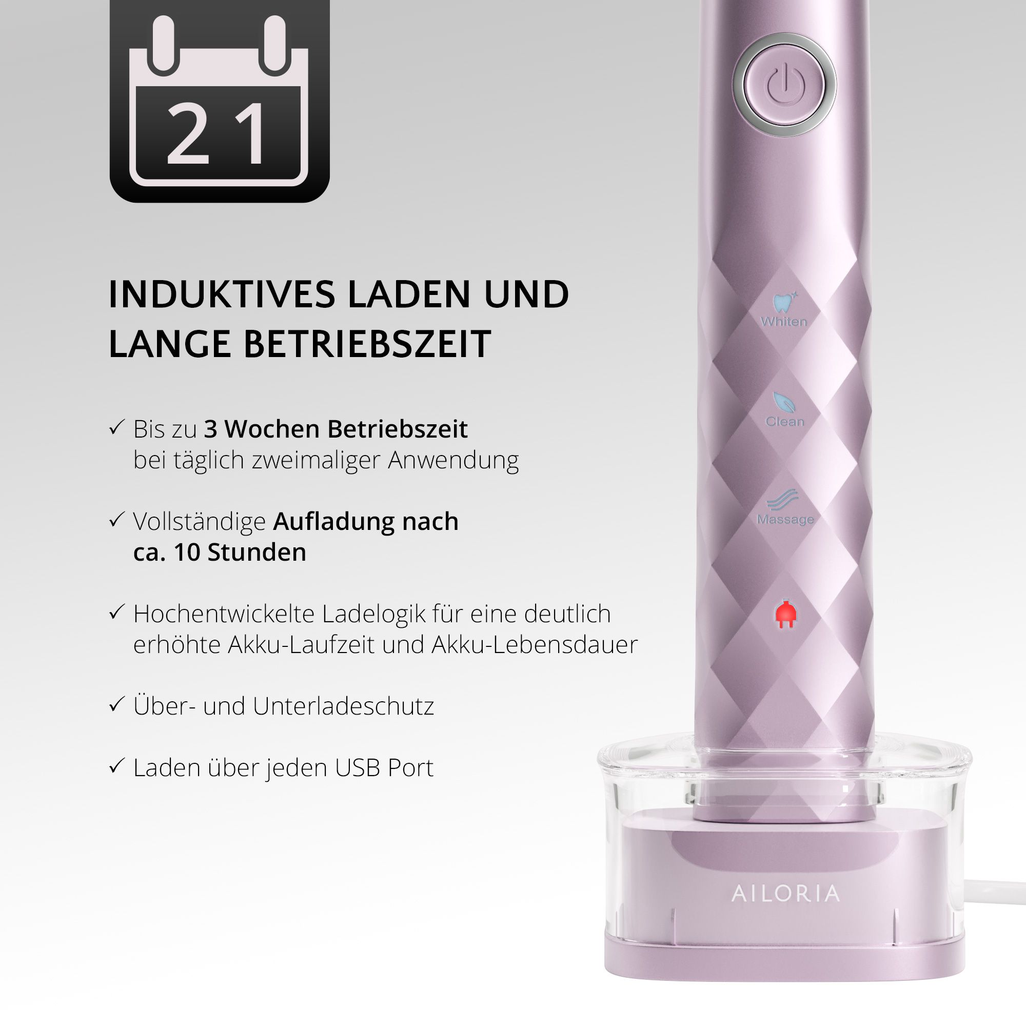 Zahnbürste in Ladestation. Induktives Laden. Bis zu 3 Wochen Akkulaufzeit. AILORIA-Logo sichtbar.