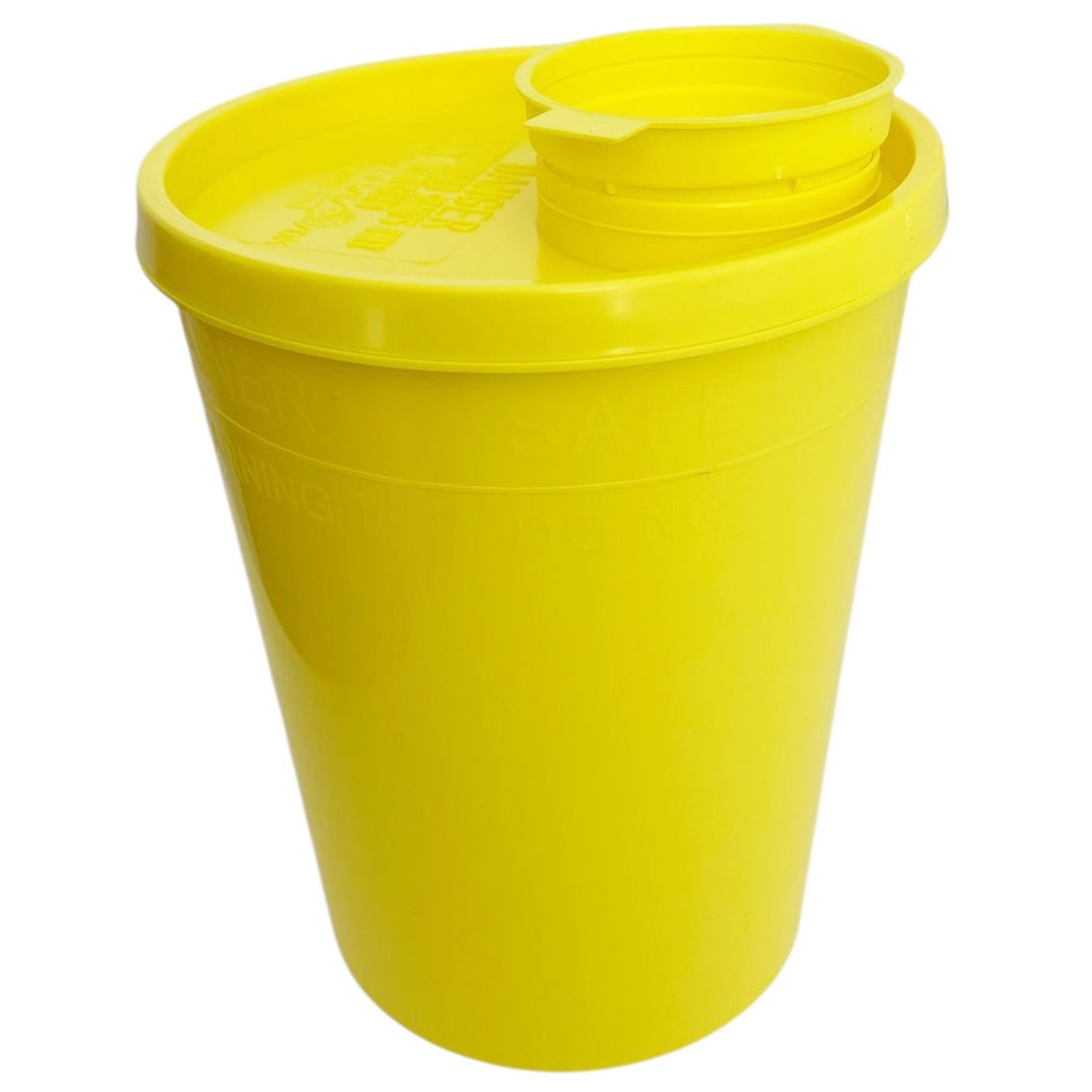 Gele afvalcontainer met deksel en opening. Op het deksel zit een andere opening met een kleine container.