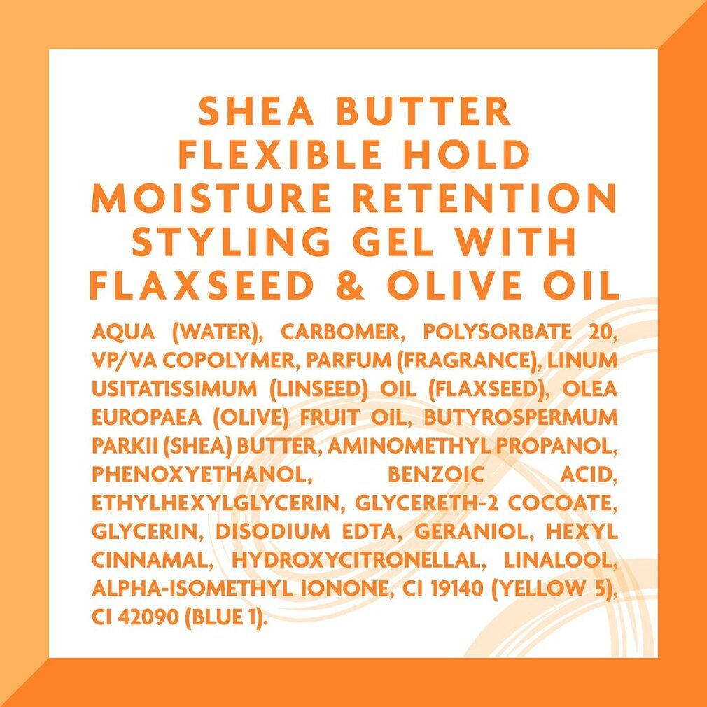 Text mit Inhaltsstoffen des Cantu Styling Gels: Aqua, Carbomer, Polysorbate 20, VP/VA Copolymer, Parfum, Linum Usitatissimum (Leinsamen) Oil, etc.