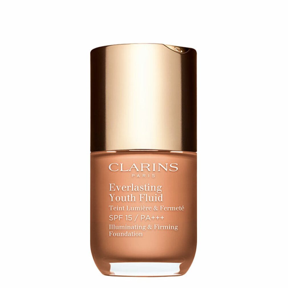 Clarins Everlasting Youth Fluid SPF 15. Flasche mit goldfarbenem Deckel und brauner Flüssigkeit. Text: Illuminating & Firming Foundation.