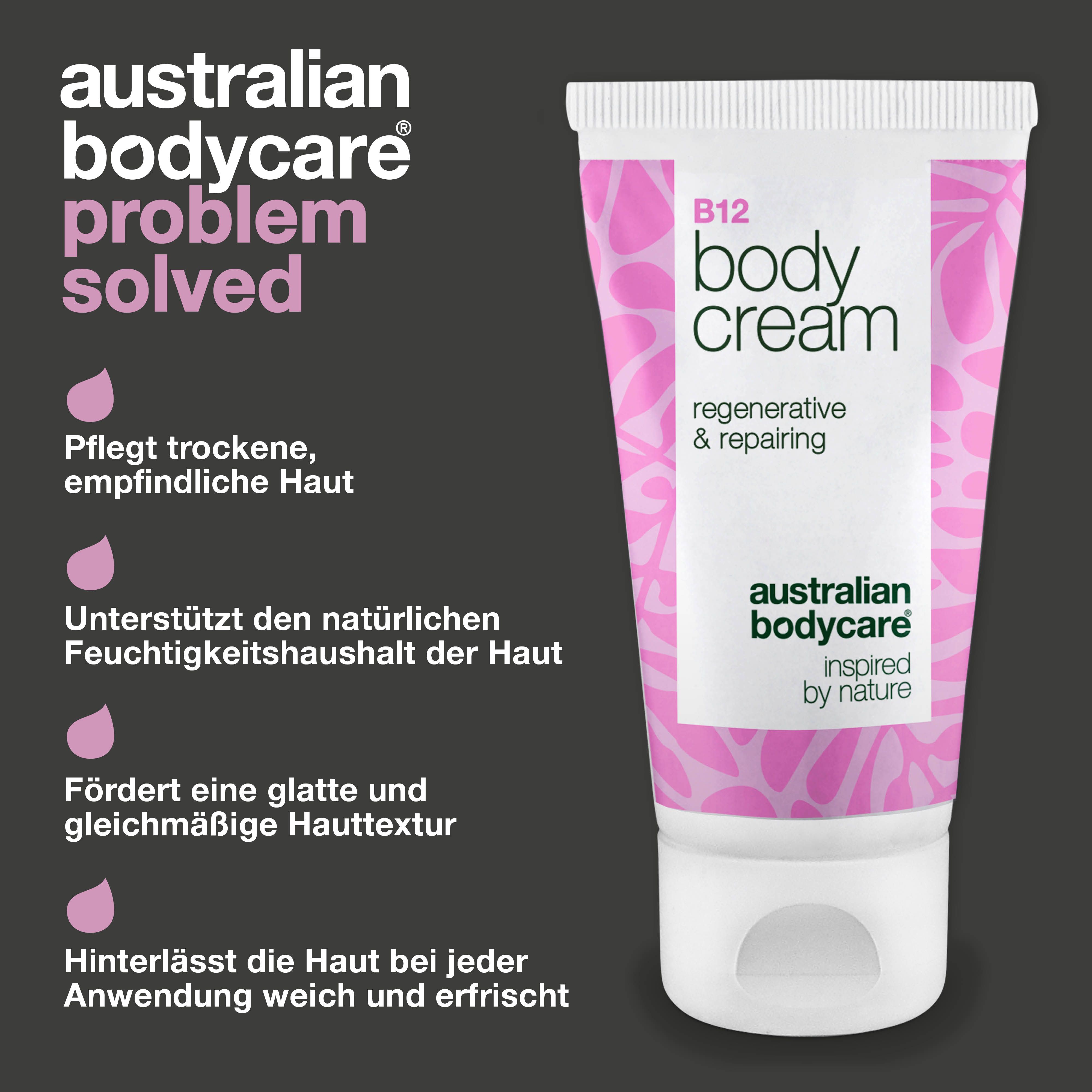 B12 Body Cream, regenerative & repairing, Australian Bodycare. Text: Pflegt trockene, empfindliche Haut.