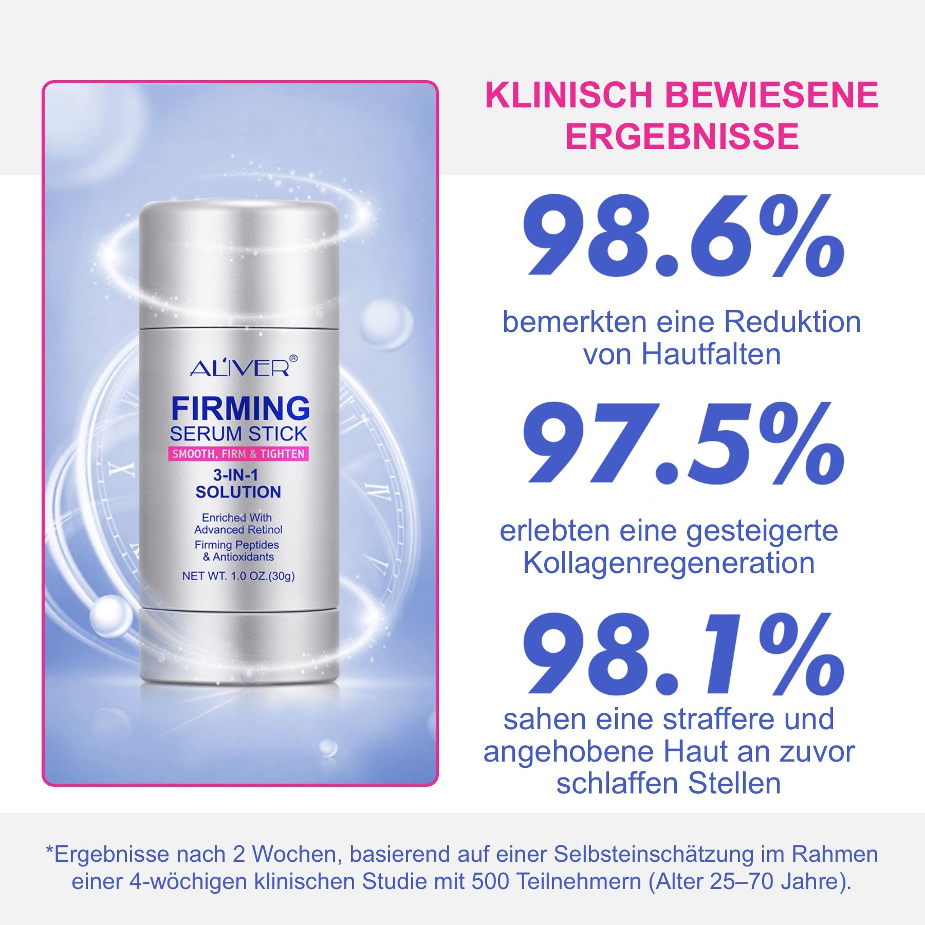 ALIVER Firming Serum Stick neben Text. Ergebnisse nach 2 Wochen: Reduktion von Falten, gesteigerte Kollagenregeneration.
