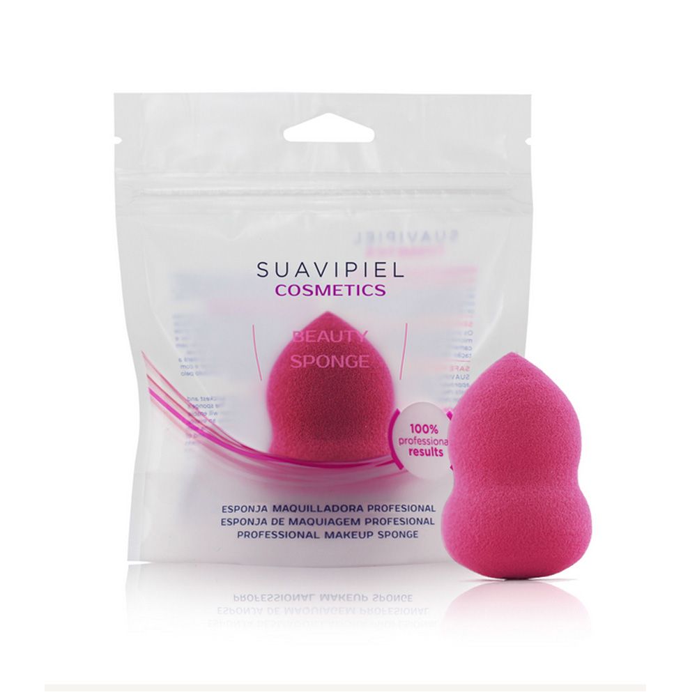 Rosa Make-up Schwamm in Verpackung. Aufschrift: Suavipiel Cosmetics, Beauty Sponge, Professional Makeup Sponge.
