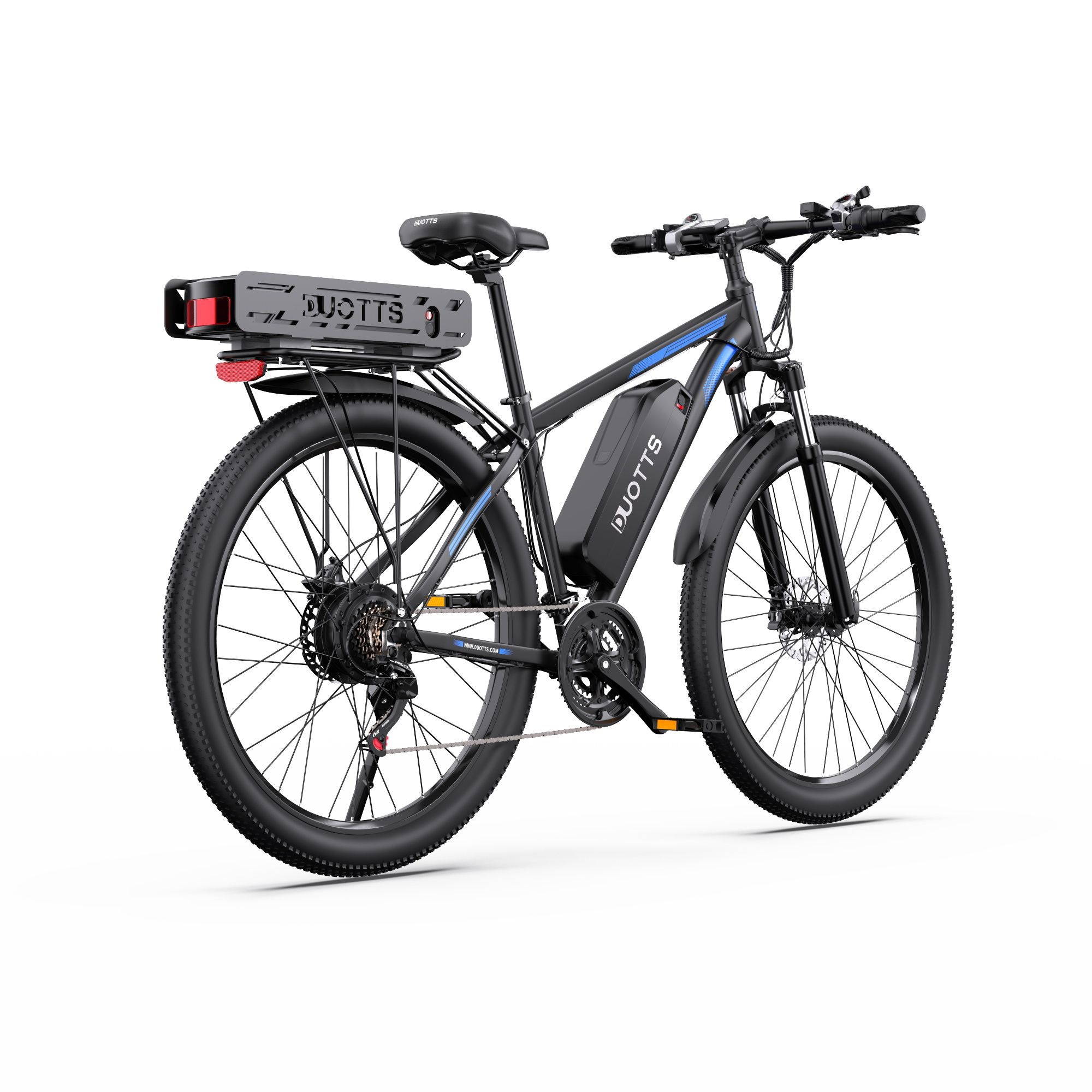 E-Bike, schwarz mit blauen Akzenten. DUOTTS-Logo, Dual-Akku, Shimano 21-Gang. Rückansicht, weißer Hintergrund.