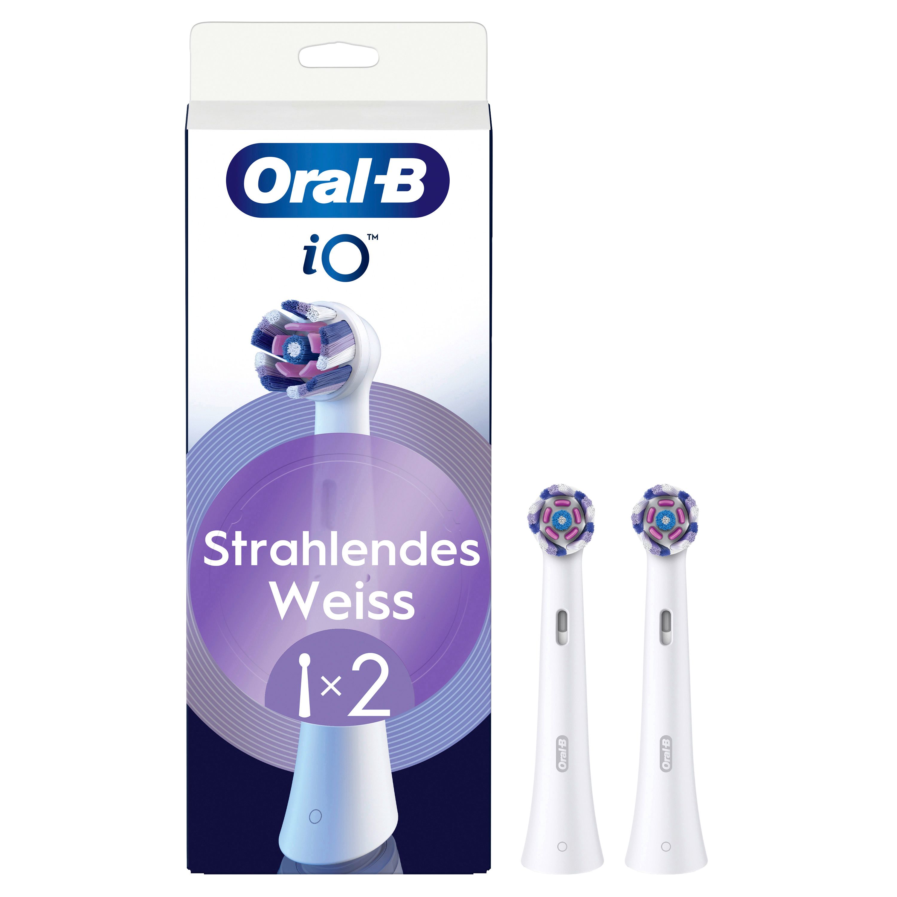 Oral-B iO Aufsteckbürsten "Strahlendes Weiss". Verpackung mit 2 Bürstenköpfen. Lila und weisse Akzente. Produktname und Logo.
