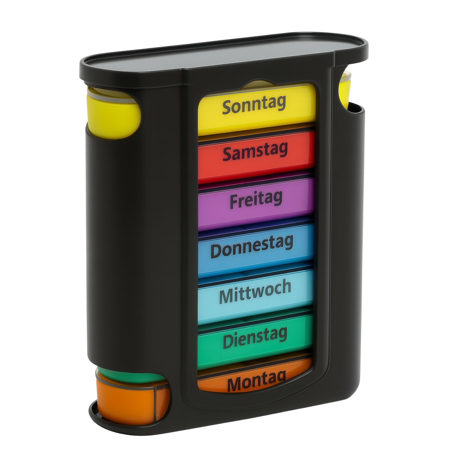 Schwarze Tablettenbox mit sieben farbigen Fächern für die Wochentage. Gelbe, grüne und orangefarbene Akzente.