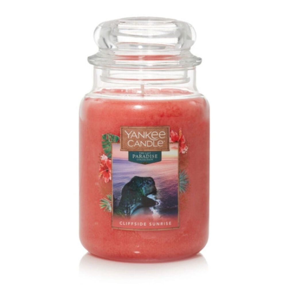Kerze im Glas mit Deckel. Aufschrift: Yankee Candle, Paradise, Cliffside Sunrise. Bild: Küstenlandschaft. Gewicht: 623 g.
