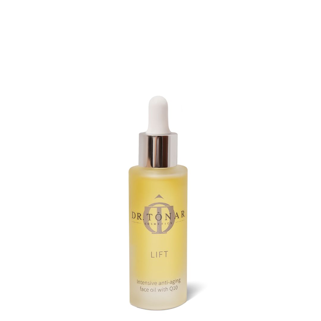 Gelbliche Flasche mit Pipette. Aufschrift: DR TONAR Cosmetics, LIFT, intensive Anti-Aging Gesichtsöl mit Q10.