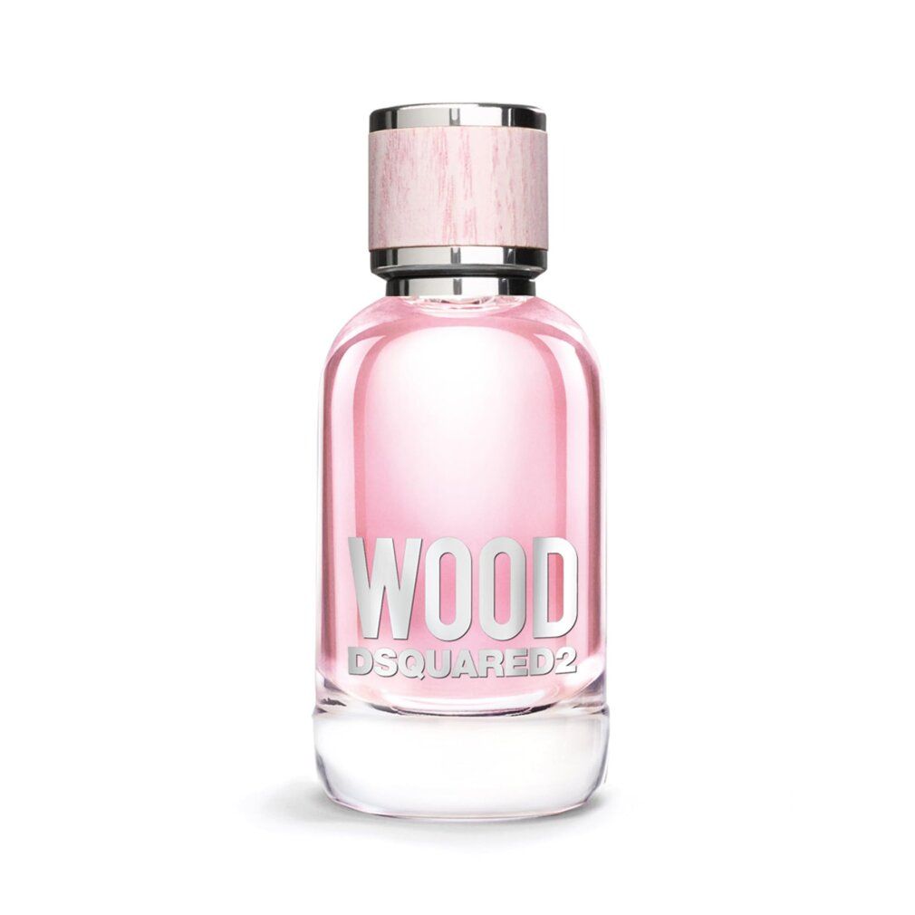 Rosa Flakon mit Holzdeckel. Aufschrift WOOD Dsquared². Klarer Glasfuß.