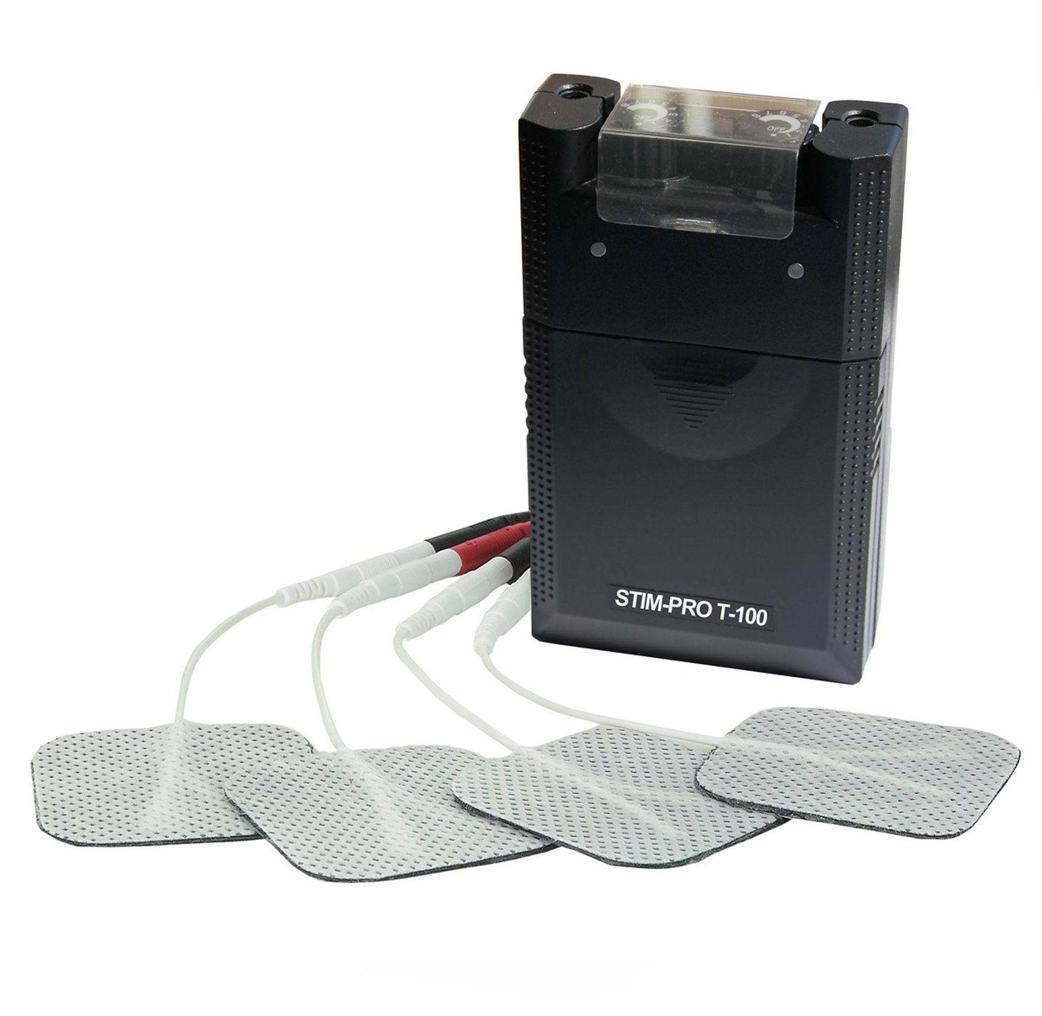 Schwarzes TENS-Gerät mit 4 Elektrodenpads. Aufschrift STIM-PRO T-100. Kabel mit farbigen Steckern.