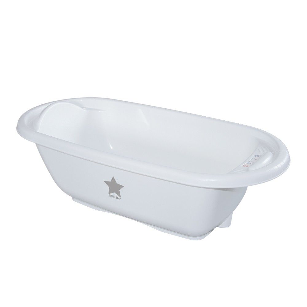Weiße Babybadewanne mit Stern-Logo. Ovale Form, leicht geneigt. Griff und Ablauföffnung.