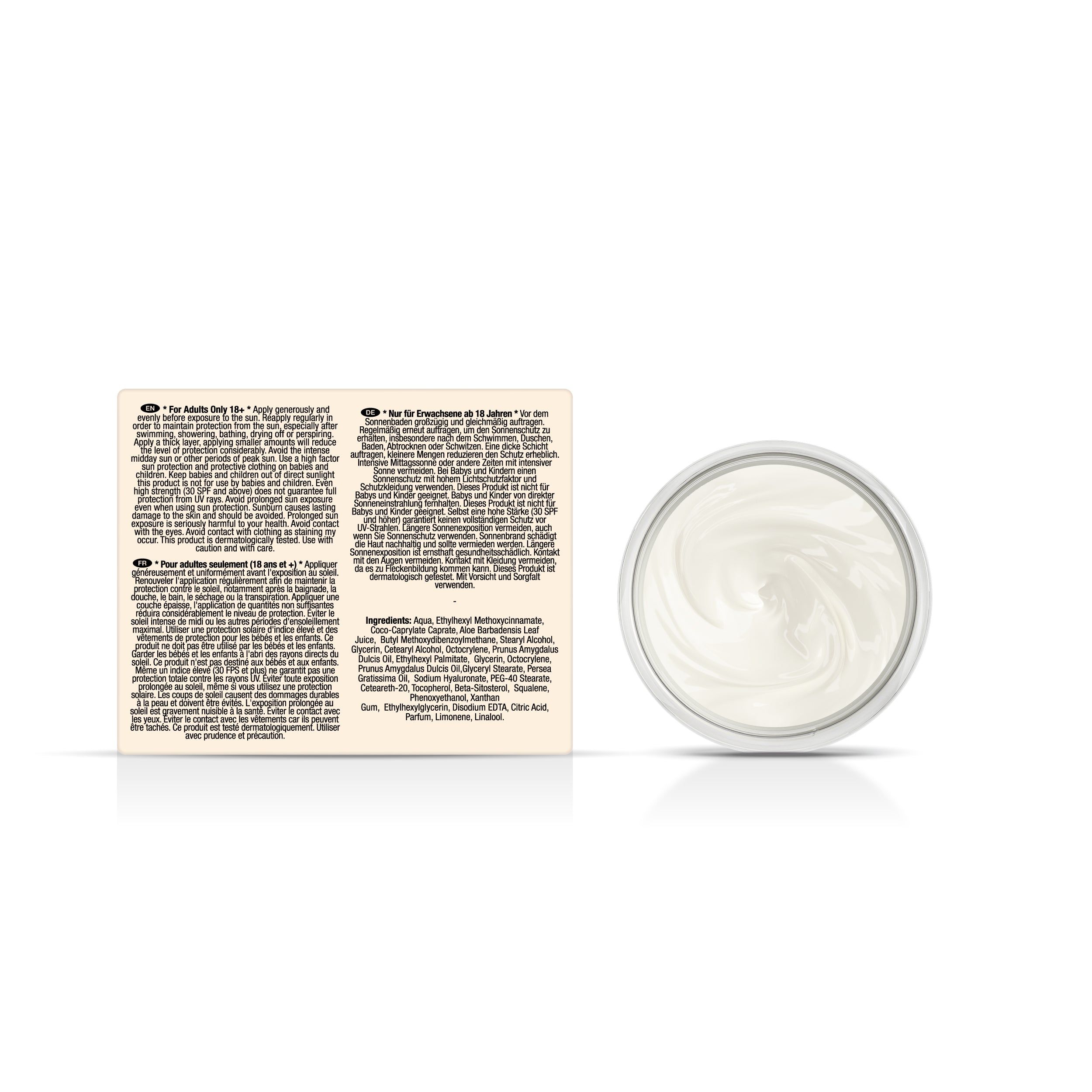 Creme in einem Glasbehälter mit Text. Text enthält Informationen zu Inhaltsstoffen und Anwendung.