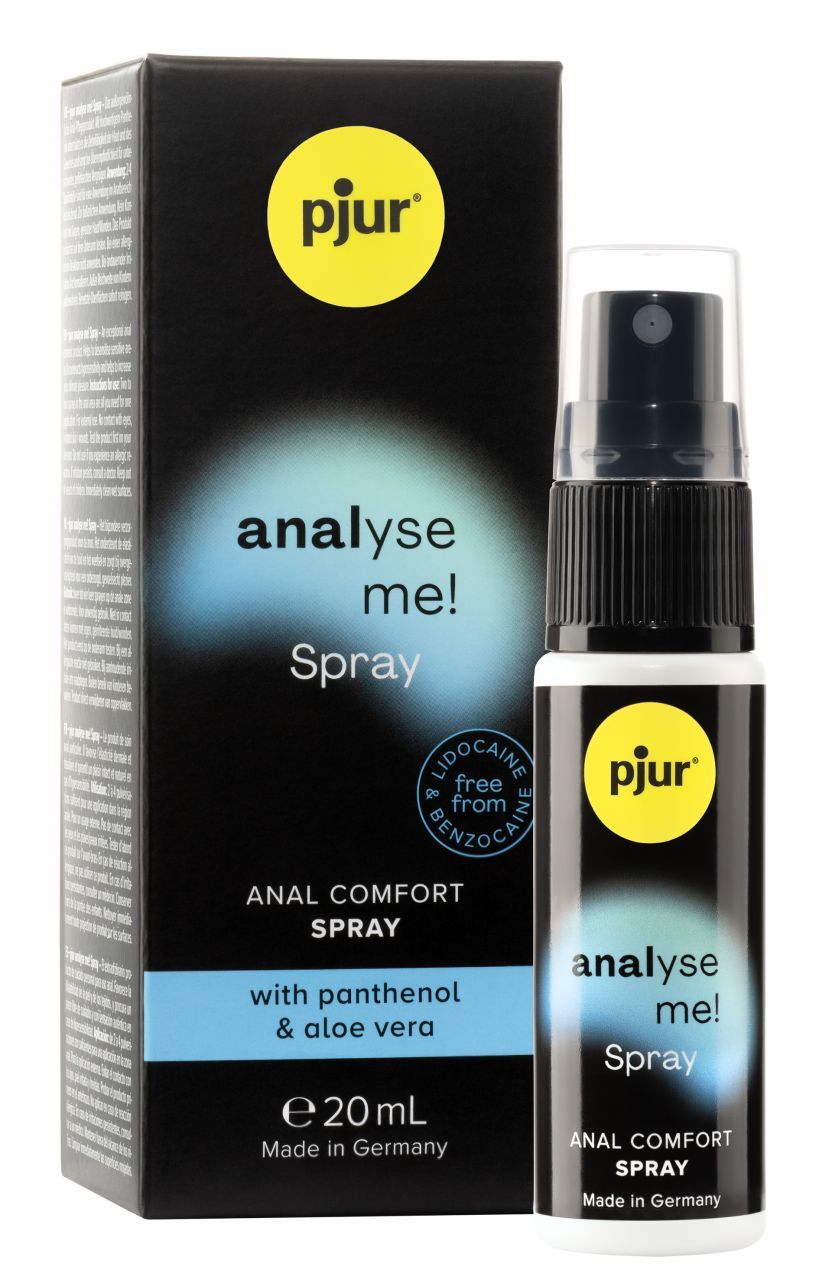 Pjur analyse me! Spray, Flasche und Verpackung. Schwarze Verpackung mit blauem Akzent. Flasche mit Sprühkopf. Text: analyse me!, Anal Comfort Spray.