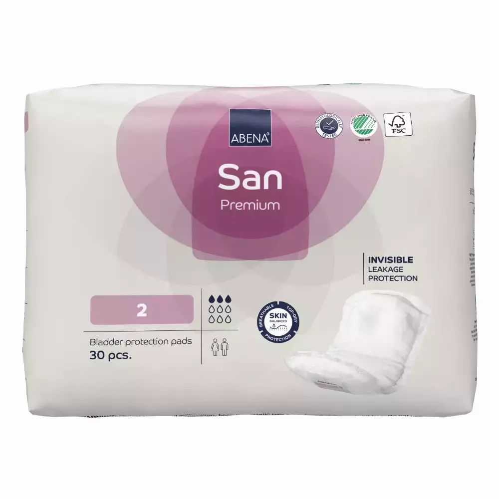 Verpackung mit Abena San Premium Einlagen. Aufdruck: San Premium, 2, 30 Stück. Mit FSC-Siegel und Hautverträglichkeits-Zertifizierung. Sichtbar: Einlage.
