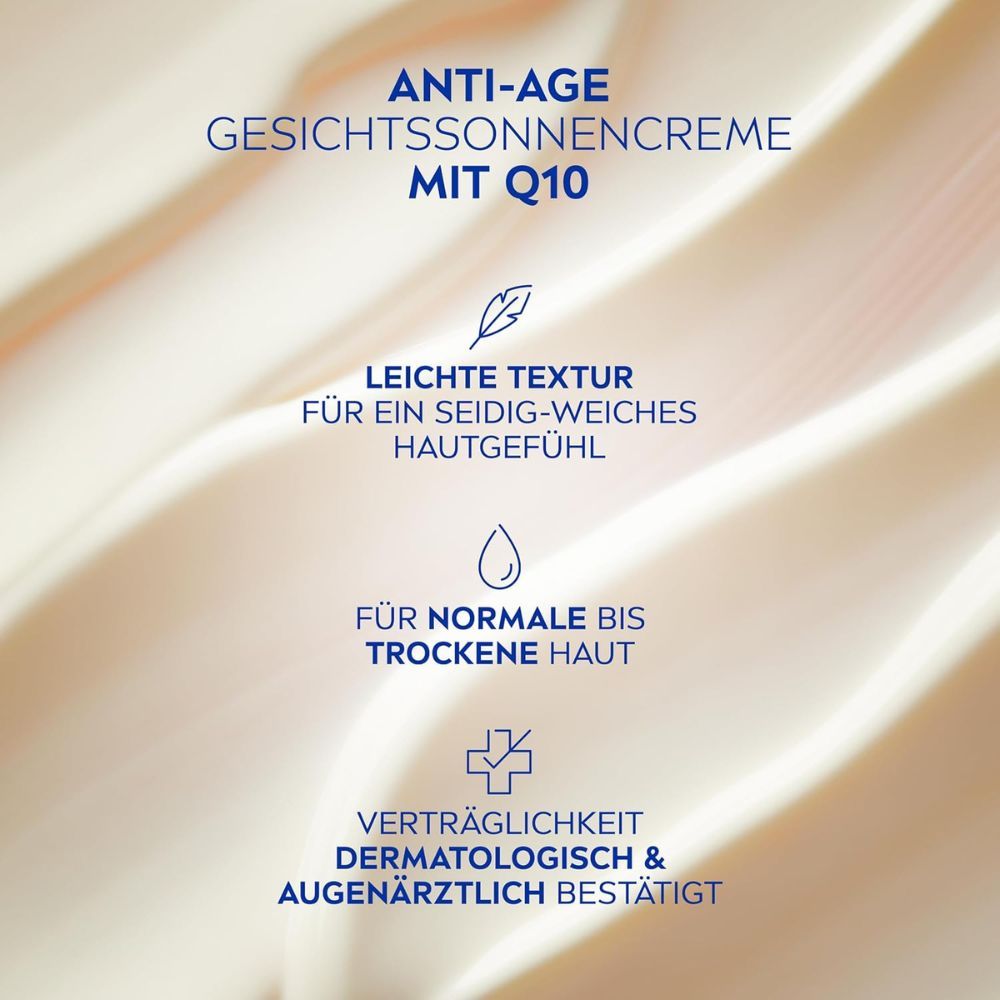 Text mit Produktinformationen. Leichte Textur, für normale bis trockene Haut, dermatologisch bestätigt.